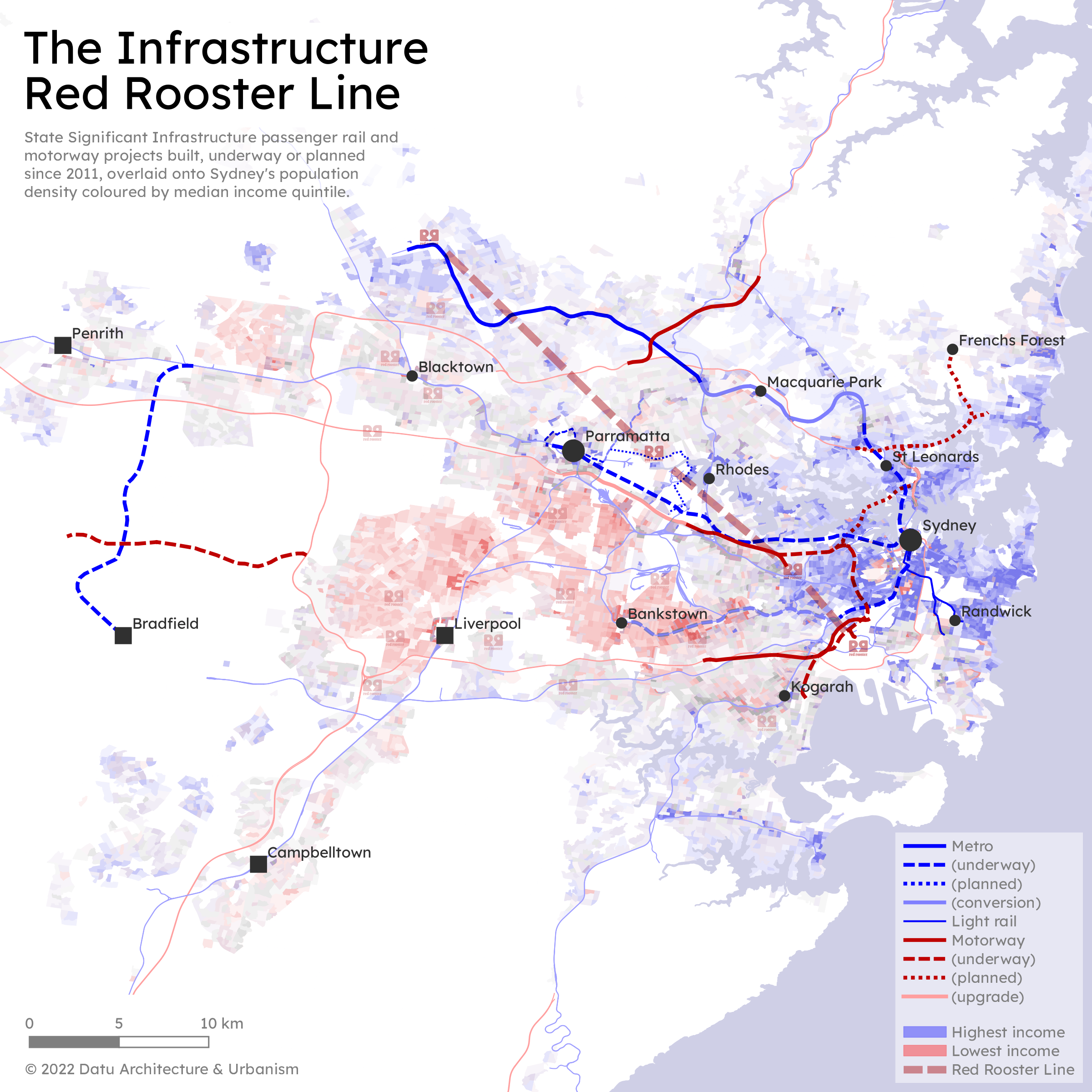 State Significant Infrastructure passenger rail and motorway projects built, underway or planned since 2011, overlaid onto Sydney's population density coloured by median income quintile.